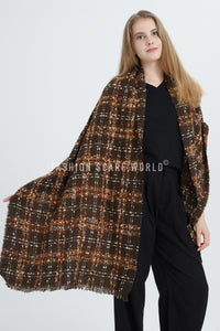 Soft Boucle Check Frayed Edge Wool Scarf