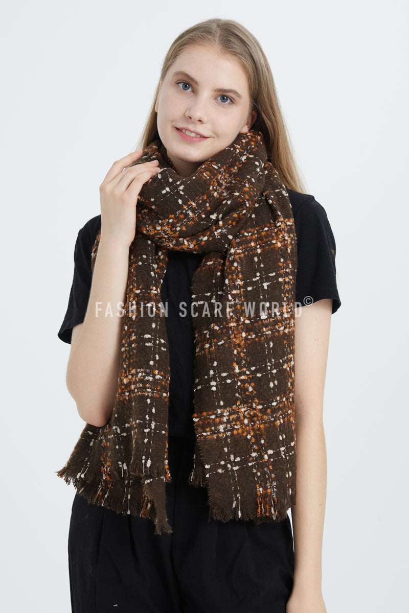 Soft Boucle Check Frayed Edge Wool Scarf Fashion Scarf World
