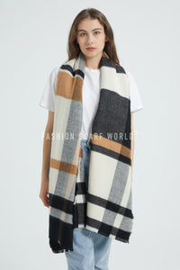 Contrast Check Tartan Soft Wool Blanket Frayed Scarf
