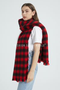 Woven Tartan Plaid Soft Wool Blanket Frayed Scarf