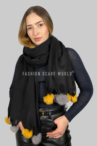 Two-Tone Real Fur Pom Pom Plain Wool Scarf