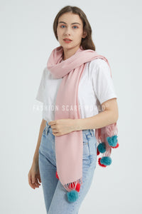 Two-Tone Real Fur Pom Pom Plain Wool Scarf