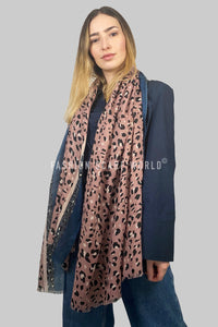 Speckle Leopard Print Scarf with Border and Frayed Edge