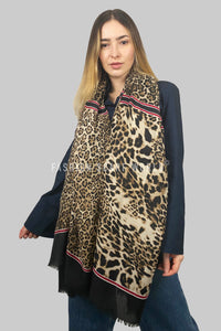 Leopard Print Scarf with Stripe and Frayed Edge