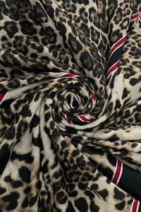 Leopard Print Scarf with Stripe and Frayed Edge