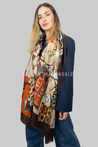 Paris Collage Print Scarf with Frayed Edge