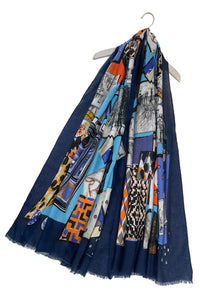 Paris Collage Print Scarf with Frayed Edge