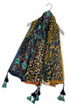 Leopard & Floral Stripe Print Square Tassel Scarf