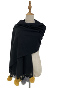 Two-Tone Real Fur Pom Pom Plain Wool Scarf