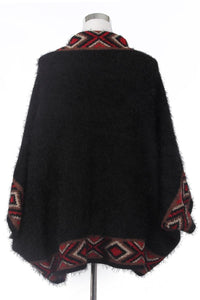 Eyelash Yarn Aztec Border Print Poncho - Fashion Scarf World