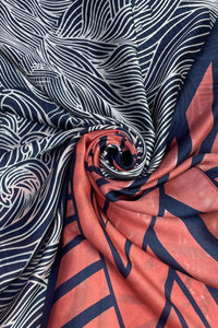 Abstract Waves & Stripes Print Silk Scarf