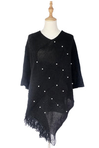 Arrow Knit & Pearl Tassel Poncho - Fashion Scarf World