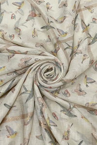 Summer Bird & Butterfly Print Scarf with Frayed Edge