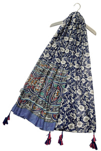 Traditional Flower Print Scarf with Tile Edge and Tassels