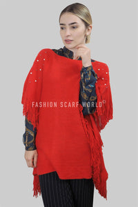 Pearl & Bead Shoulder Knitted Poncho - Fashion Scarf World
