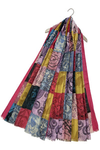 Colourful Floral Patchwork Print Frayed Scarf