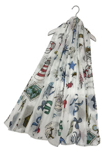 Seaside Animals and Treasure Print Scarf with Frayed Edge