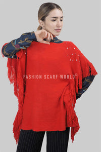 Pearl & Bead Shoulder Knitted Poncho - Fashion Scarf World