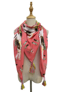 Cattle Skull & Feather Print Square Tassel Scarf