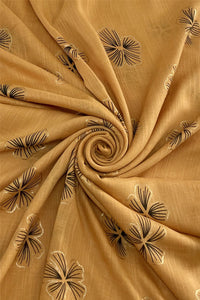 Gold Foil Hibiscus Flower Print Scarf with Frayed Edge