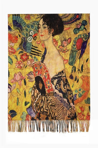 Klimt 'Lady with Fan' Print Wool Tassel Scarf