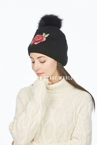 Embroidery Rose Faux Fur Pom Pom Beanie Hat - Fashion Scarf World