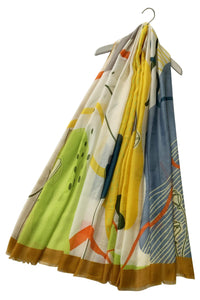 60s Abstract Flowers Print Scarf with Frayed Edge