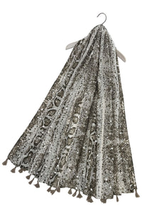 Metallic Foil Speckled Snake Print Tassel Scarf