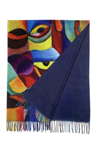 Art Impressionist Bright Abstract Face Print Wool Tassel Scarf