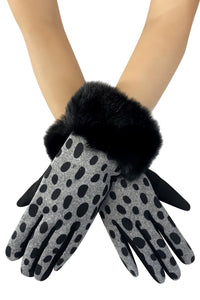 Faux Fur Trim Dalmatian Spot Print Suede Touchscreen Gloves