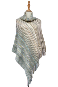 High Roll Neck Knitted Stripe Tassel Poncho - Fashion Scarf World