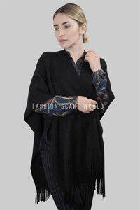 Metallic Thread & Pearl Knitted Tassel Poncho - Fashion Scarf World