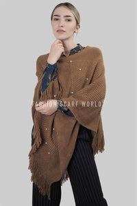 Arrow Knit & Pearl Tassel Poncho - Fashion Scarf World