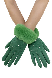 Pearl Diamond Print Faux Fur Trim Touch Screen Gloves