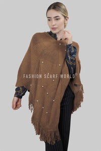 Arrow Knit & Pearl Tassel Poncho - Fashion Scarf World