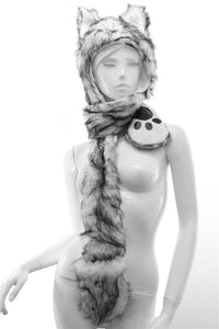 Long Wolf White & Black Fur With Animal Hat Pockets - Fashion Scarf World