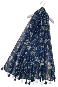 Boho Scattered Daisy Floral Print Tassel Scarf