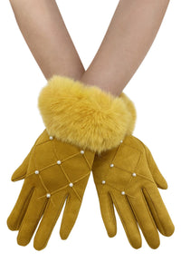 Pearl Diamond Print Faux Fur Trim Touch Screen Gloves