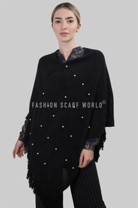 Arrow Knit & Pearl Tassel Poncho - Fashion Scarf World