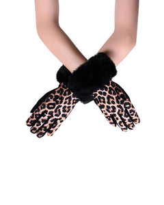 Faux Fur Trim & Leopard Print Touch-Screen Gloves - Fashion Scarf World