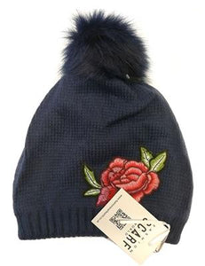 Embroidery Rose Faux Fur Pom Pom Beanie Hat - Fashion Scarf World