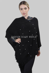 Arrow Knit & Pearl Tassel Poncho - Fashion Scarf World