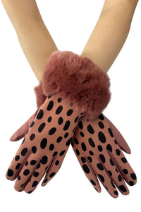 Faux Fur Trim Dalmatian Spot Print Suede Touchscreen Gloves