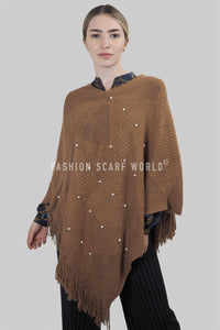 Arrow Knit & Pearl Tassel Poncho - Fashion Scarf World
