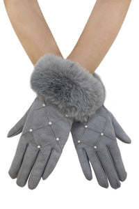 Pearl Diamond Print Faux Fur Trim Touch Screen Gloves