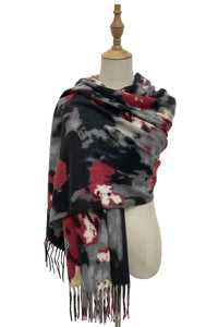 Abstract Flower Print Soft Wool Tassel Scarf