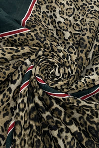 Leopard Print Scarf with Stripe and Frayed Edge
