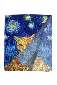Impressionist Style Starry Night Cat Print Silk Scarf