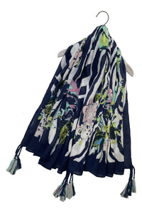 Floral Zebra Print Square Tassel Scarf