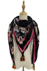 Symmetrical Butterfly Print Square Tassel Scarf